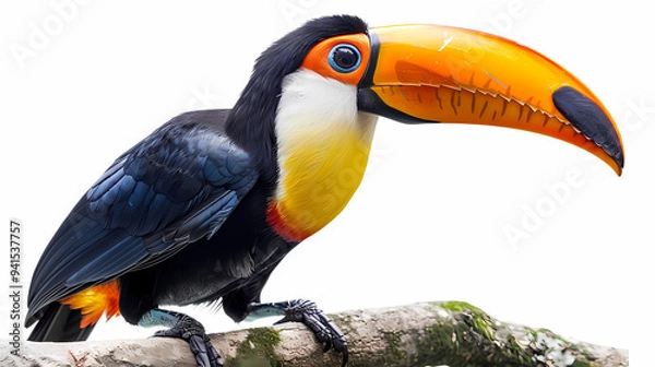 Fototapeta magnificent realistic yellow-breasted toucan on white background