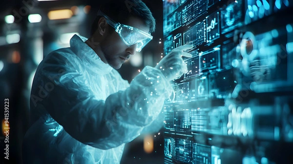 Fototapeta 3D Icon as Scientist using a glossy touchscreen interface in a research lab concept as Camera movement Slide across the glossy touchscreen interface. Scene A high tech research lab with advanced equip