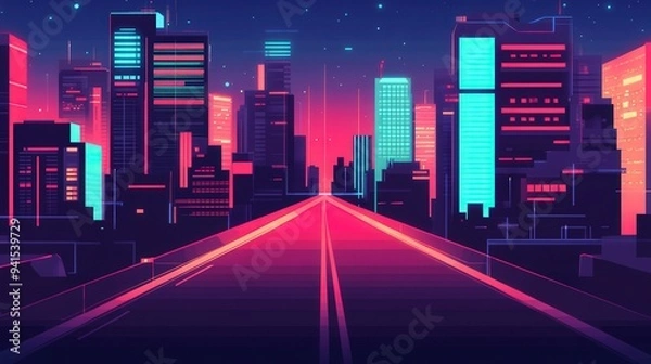 Fototapeta Neon Dreams, vibrant cyberpunk cityscape, illuminated by neon lights, featuring sleek futuristic architecture, flat design style, showcasing a lively urban atmosphere