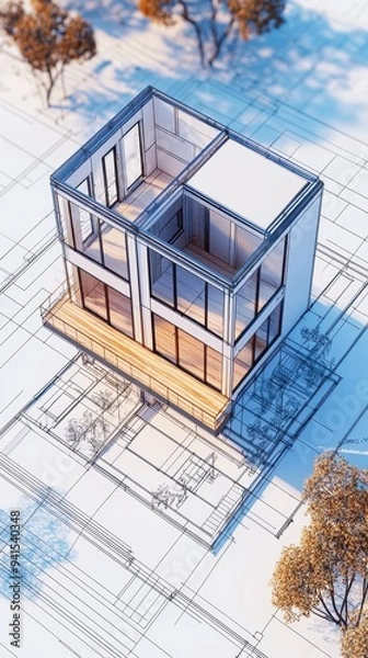 Obraz Modern House Design Blueprint with Trees.