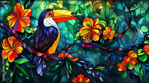 Fototapeta A vector-style image of a yellow-breasted toucan bird tail, tropical flowers, bird feathers, and an abstract expressionism surrealism apophysis paisley pattern.