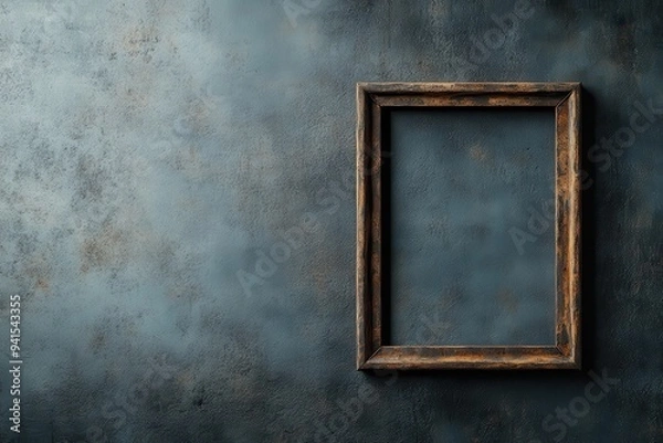Fototapeta A weathered, rustic frame hangs empty on a textured blue wall, combining vintage elements with a minimalist, industrial aesthetic.