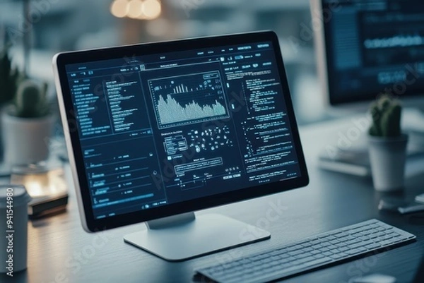 Fototapeta A computer monitor displaying data analysis software with graphs, charts, and code, set in a contemporary workspace with soft lighting.