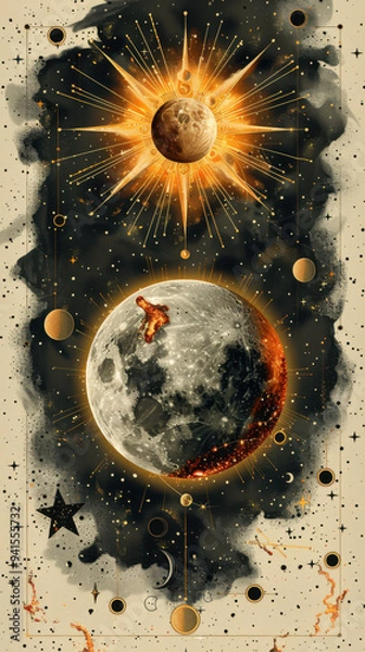 Obraz vintage, astrological aesthetic, retro futuristic background design, solid beige background and golden objects