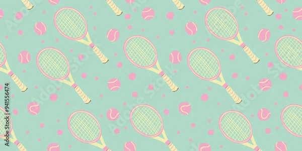 Obraz Set of vector tennis elements. Hand drawn tennis racket and ball. Seamless hand drawn pattern in doodle style. Calm pastel colors.