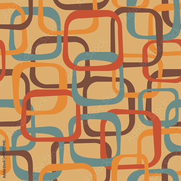 Obraz An abstract seamless pattern in retro style, 70s style background with funky squares in orange, brown, red and blue, overlapping rectangles vintage wallpaper