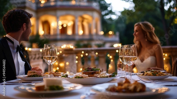 Fototapeta A man and woman are sitting at a table with wine glasses and plates of food