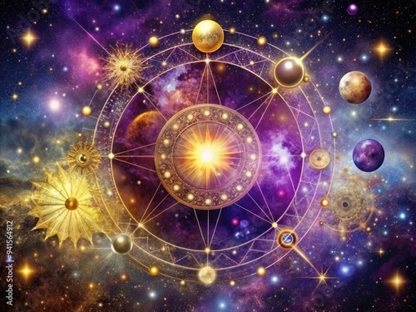 Fototapeta Celestial Convergence: Cosmic, ethereal, astrological, nebulas, star charts, gold, purple, celestial bodies