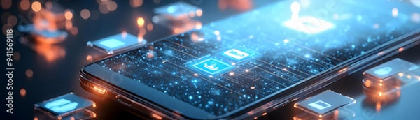 Fototapeta Photo Realistic as Mobile Phone with Holographic IoT Icon and Sensor Icon concept as A photo featuring a mobile phone with a glossy glowing holographic IoT icon and sensor icon. The objects are positi