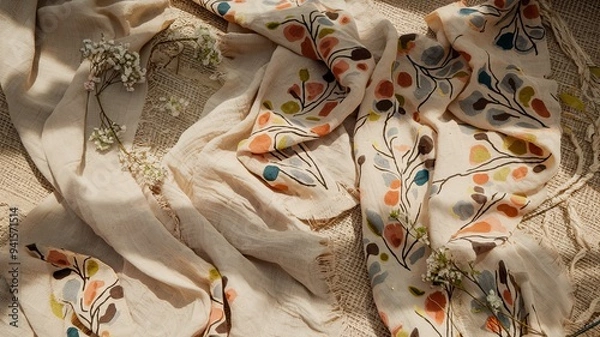 Fototapeta Beige linen fabric texture with an abstract floral pattern.