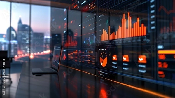 Fototapeta Digital Dashboard with Business Success Indicators and Growth Charts in Modern Office