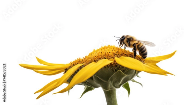 Fototapeta Close up view of a bee pollinating a vibrant sunflower isolate on transparent, png, cutout