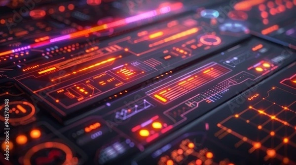 Fototapeta Futuristic Digital Interface with Glowing Orange and Red Elements on a Dark Background