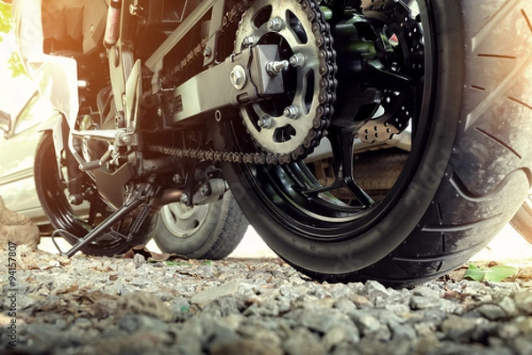 Fototapeta rear chain and sprocket of motorcycle wheel