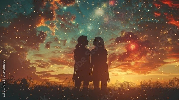 Fototapeta Two Friends Enjoying a Magical Sunset on Friendship Day with Sparkling Lights and a Dreamy Sky