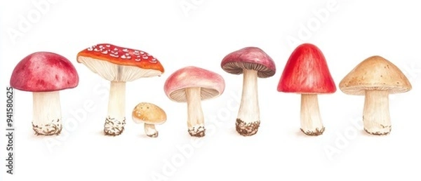 Fototapeta A collection of colorful mushrooms displaying various shapes and sizes, perfect for nature-themed projects and culinary purposes.