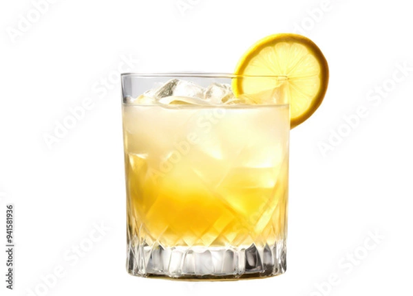 Fototapeta Refreshing yellow cocktail served in a rocks glass with ice and a lemon slice isolate on transparent background, cutout, png
