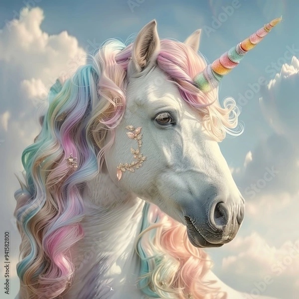 Fototapeta Enchanted unicorn with a rainbow mane, perfect pastel tone, whimsical style, high resolution, professional create, very detailed, high quality
