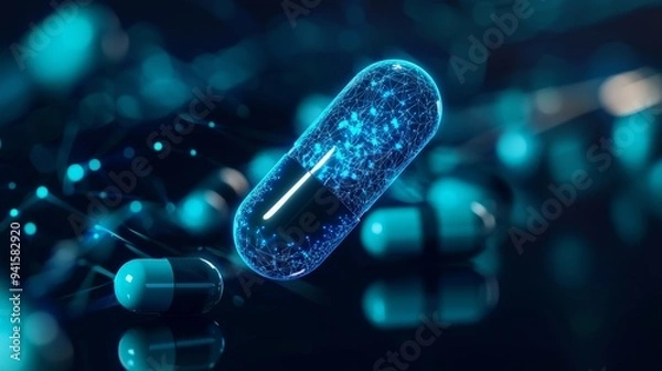 Fototapeta Capsule technology, digital holographic interface, modern medical lab, high-tech healthcare, copy space for text