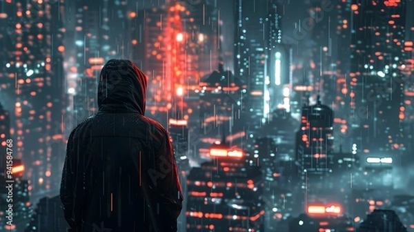 Fototapeta Hacker Infiltrating a Futuristic Digital Fortress with Intense Focus