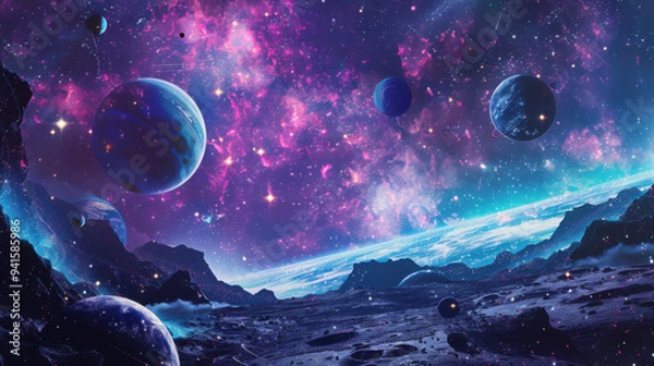 Obraz Space Odyssey backdrop in bold colors: Background: Cosmic scenes with planets, stars, and spaceships.