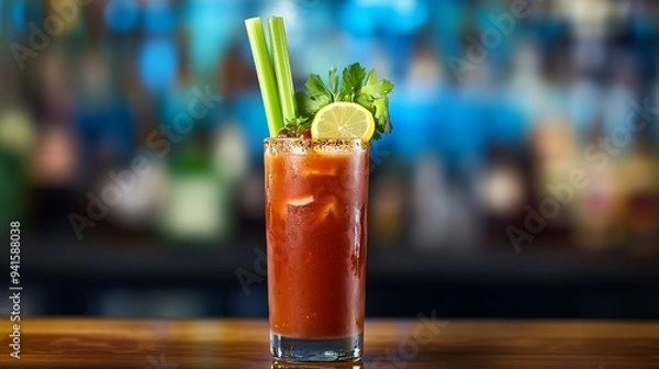 Obraz A vibrant Bloody Mary with celery and lemon sits on a bar, inviting brunch with its rich colors.