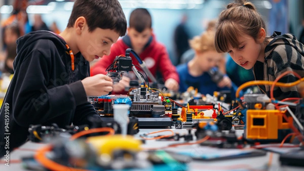 Fototapeta Children competing in a robotics hackathon, focused and creative atmosphere
