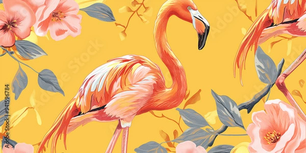 Obraz Exotic tropical summer background with flamingo design with an aesthetic yellow background

