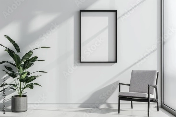 Fototapeta A simple interior scene with a single chair and a potted plant, ideal for minimalist or modern themes