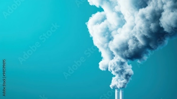 Obraz Industrial chimney spewing smoke against a clear blue sky, highlighting air pollution and environmental impact.