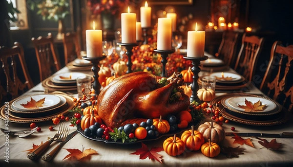 Fototapeta Thanksgiving vibe a beautifully set dining table adorned with a golden brown roasted chicken and small decorative pumpkins and colorful berries