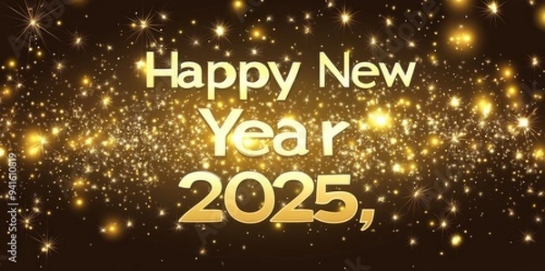 Fototapeta A banner or card wishing a happy new year in gold and gray on a black and brown gradient background with circles in bokeh