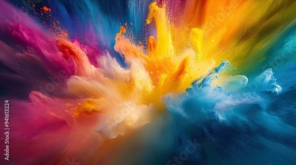 Fototapeta Dynamic explosion of liquid rainbow colors on an abstract background, full of energy and movement.