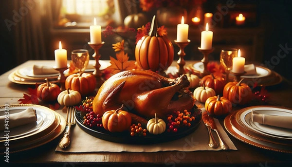 Fototapeta Thanksgiving vibe a beautifully set dining table adorned with a golden brown roasted chicken and small decorative pumpkins and colorful berries