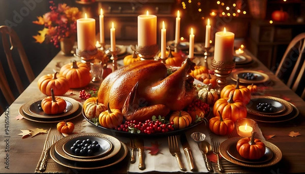 Fototapeta Thanksgiving vibe a beautifully set dining table adorned with a golden brown roasted chicken and small decorative pumpkins and colorful berries