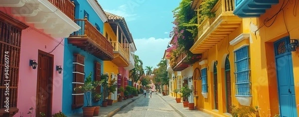 Obraz Capture the vibrant street life and historic architecture of Cartagena, Colombia, with colorful buildings and cobblestone streets. Shot with Sony lens