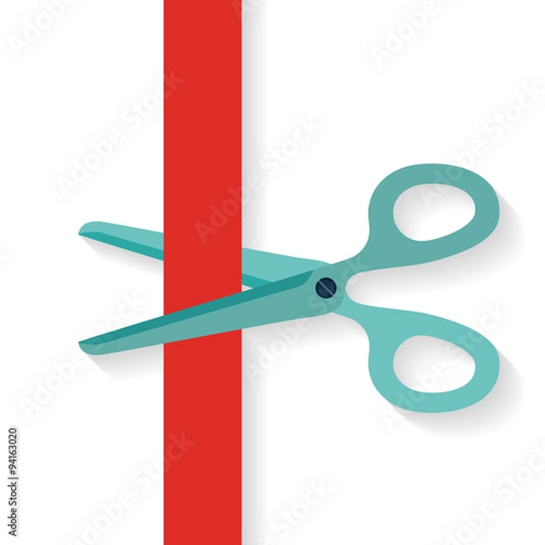 Fototapeta Flat design icon scissors cutting red vertical ribbon.