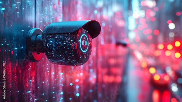 Fototapeta Futuristic Security Camera with Digital Cityscape 3D Illustration