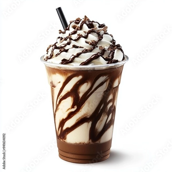 Fototapeta Mocha frappe in plastic cup with whipping cream and chocolate sauce topping. Sweet favorite coffee menu.