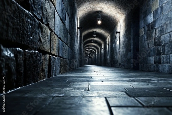 Fototapeta A dimly lit stone corridor exudes a mysterious and eerie ambiance, reminiscent of medieval times, inviting a sense of curiosity and adventure through its cold, dark passage.