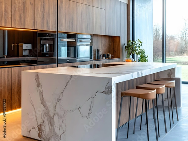 Fototapeta Modern Kitchen Island with Marble Countertop and Wooden Cabinets - Realistic Photo