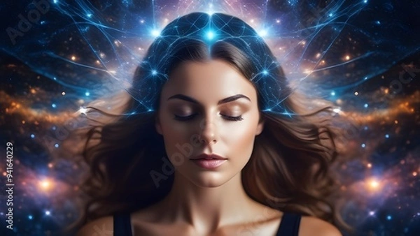 Fototapeta A girl in a named state of meditation, astral travel, lucid dream. Alpha, theta waves.