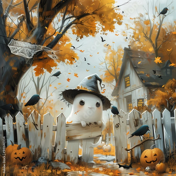 Fototapeta A cute Halloween ghost surrounded by pumpkins and crows in the fall woods