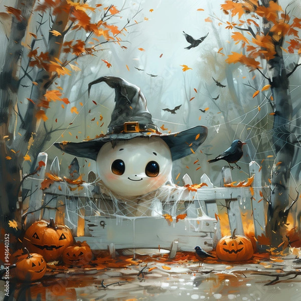 Fototapeta A cute Halloween ghost surrounded by pumpkins and crows in the fall woods