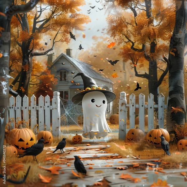 Fototapeta A cute Halloween ghost surrounded by pumpkins and crows in the fall woods