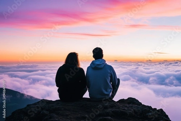 Fototapeta Two people sit together on a rocky peak, overlooking a sea of clouds with a vibrant, colorful sunset in the background, creating a serene and contemplative scene.