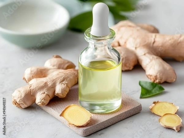 Fototapeta Botanical Design of Aromatic Ginger Root Extract Serum with Rich Earthy Tones and Natural Ingredients for Skincare