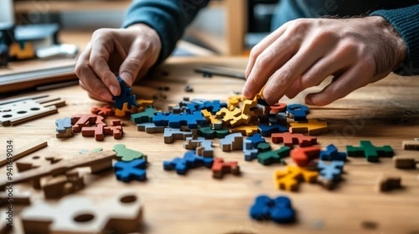 Fototapeta Creative Hands Assembling Art Toy Kit on Workspace