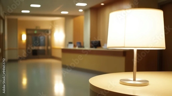 Fototapeta An empty hospital reception area at night, with the soft light of a nearby lamp, background unfocused