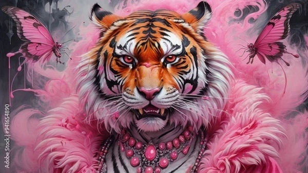 Fototapeta toger on pink  in the forest created with generative AI software